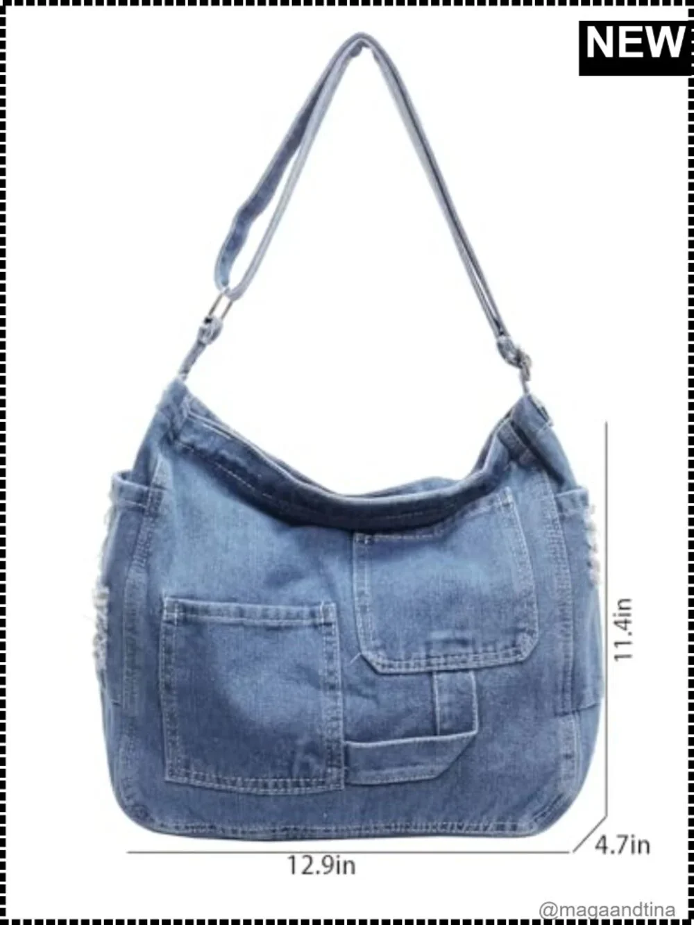 Denim Hobo Crossbody Bag Multi Pocket Adjustable Strap Casual Tote Purse